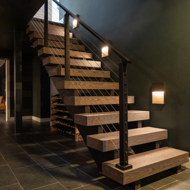 Wood Stringer Floating Stairs with Cable Railing