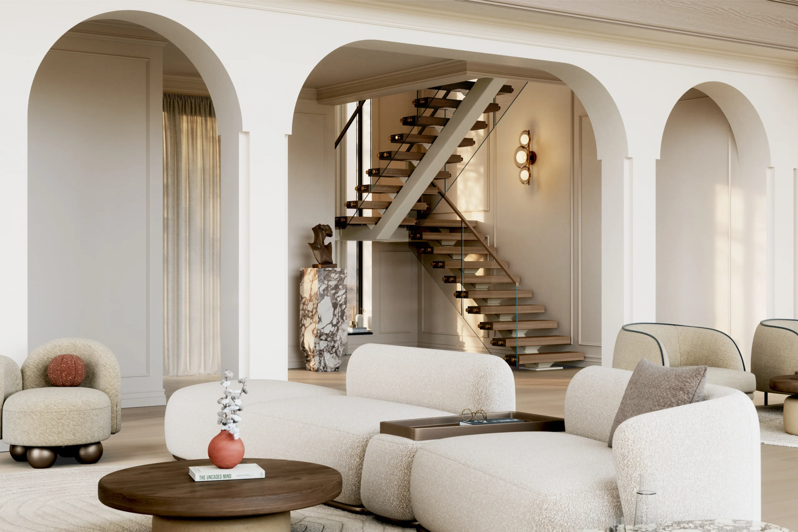 A large modern room showcase a FLIGHT Mono staircase with a white powder-coated stringer and Vedera glass railing with standoff pins.