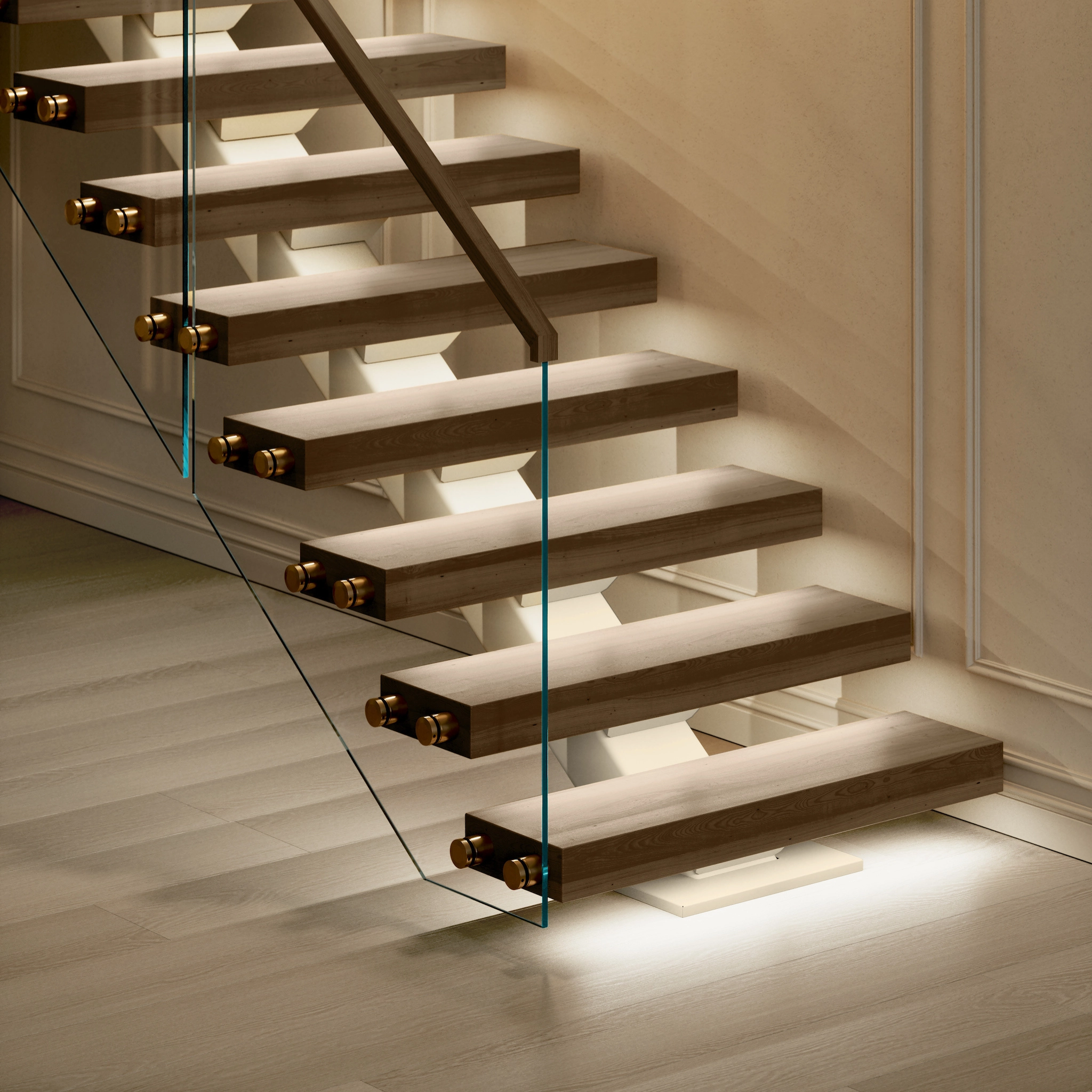 Close up of the bottom half of a FLIGHT Mono system with standoff pins and integrated LEDs at night, showcasing the under-tread lighting.