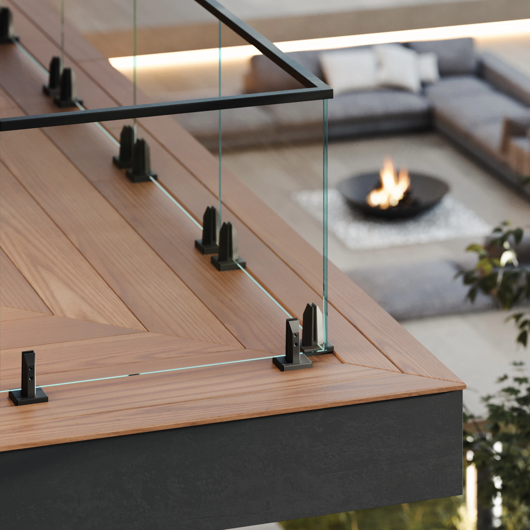 A Talon Spigot system on a high balcony with black powder-coated talons and handrail.