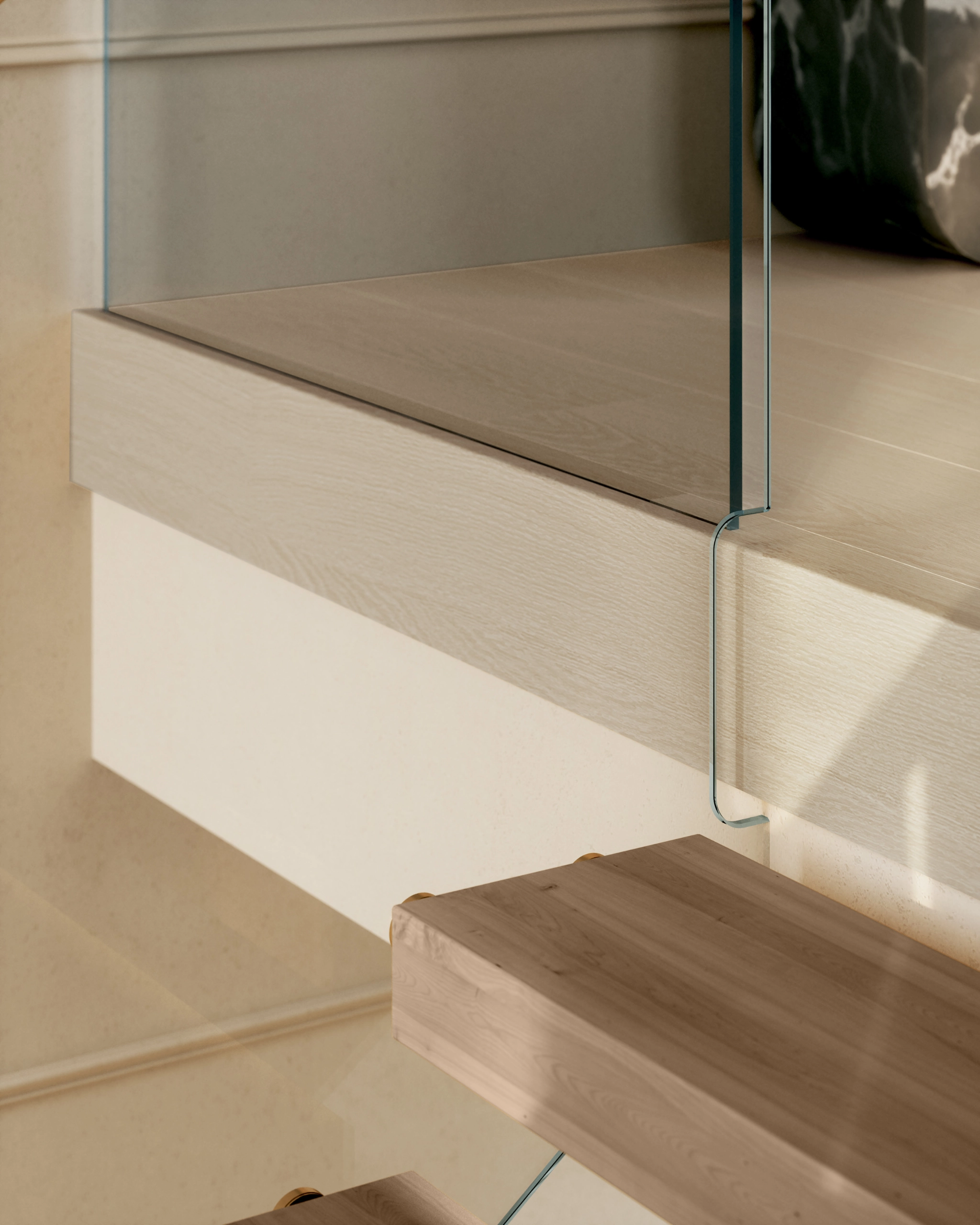 Hidden Side Mount glass system on a landing at the top of a FLIGHT Mono stair system.