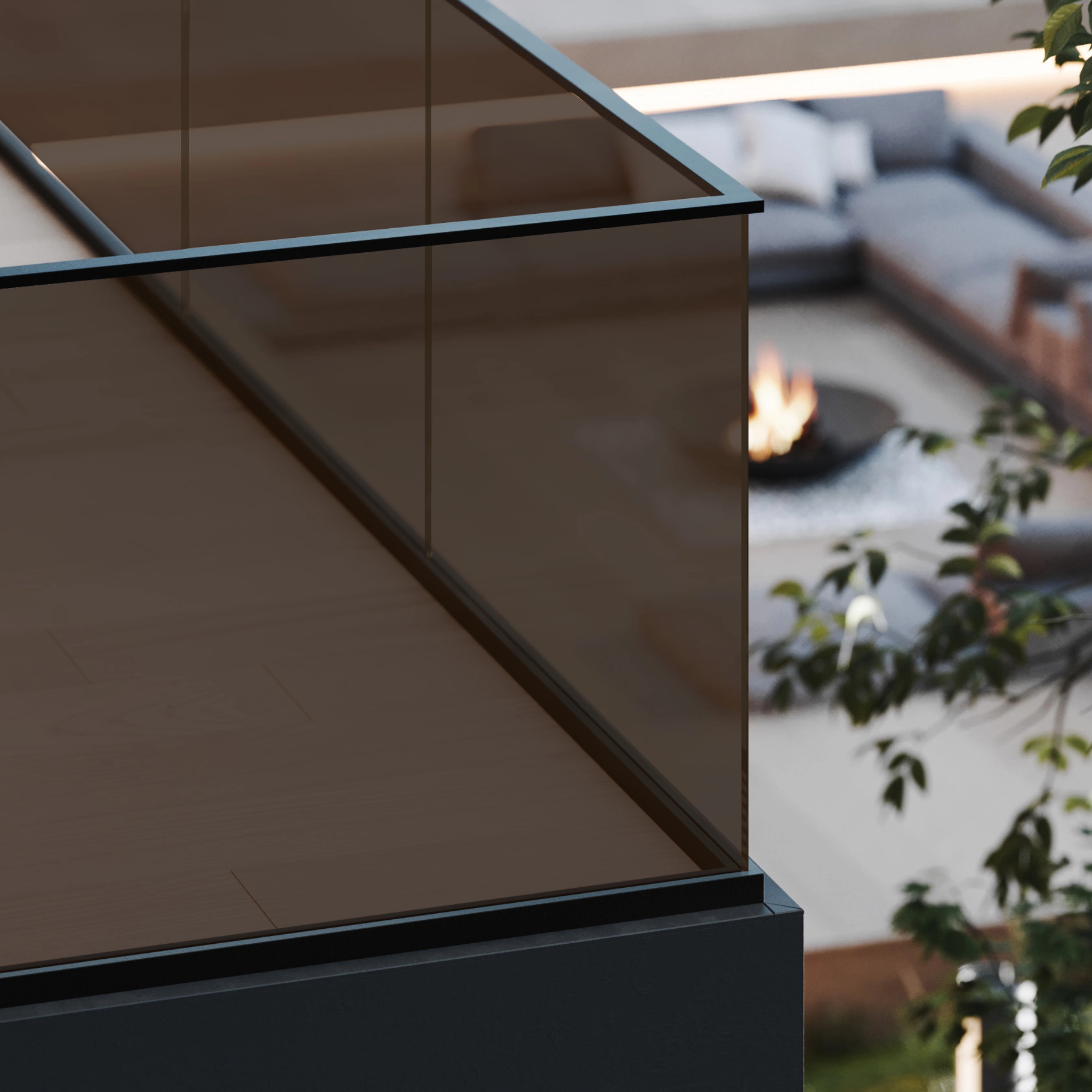 Solar Bronze glass panels in a Base Rail system